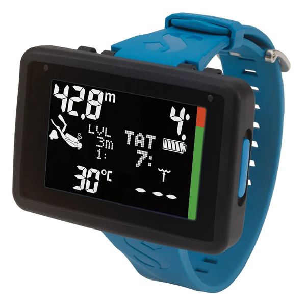 Scubapro Luna 2.0 ohne Luftintegration mit schwarzem Gehäuseschutz und blauem Armband