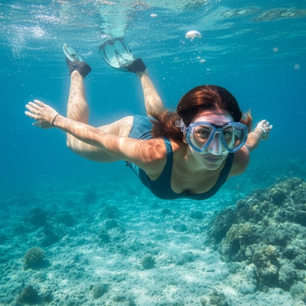 Schnorchlerin unter Wasser mit SEAC Clear Antifog Maske
